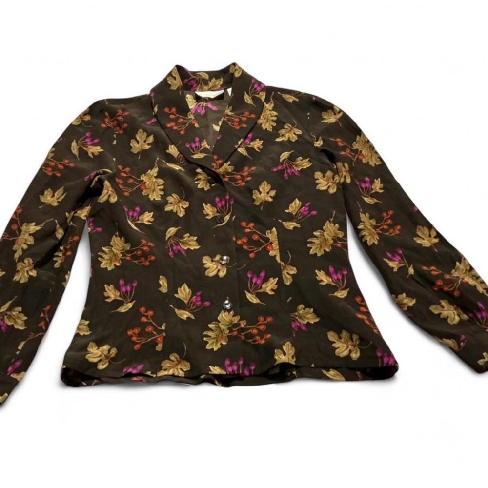 Vtg Dana Buchman Dark Brown Floral Button-Up Blouse w/ Gold & Fuchsia Sz 4